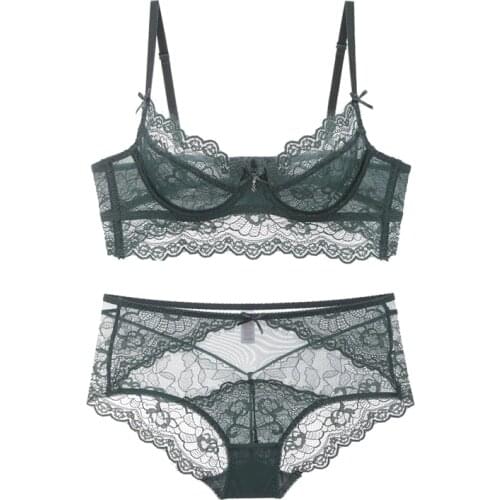 Lace Ultra Thin Transparent Bra with Push-up Wide Bands Unlined Bra and Panties Set Women Lingerie Underwear Plus Size 70A - 95D