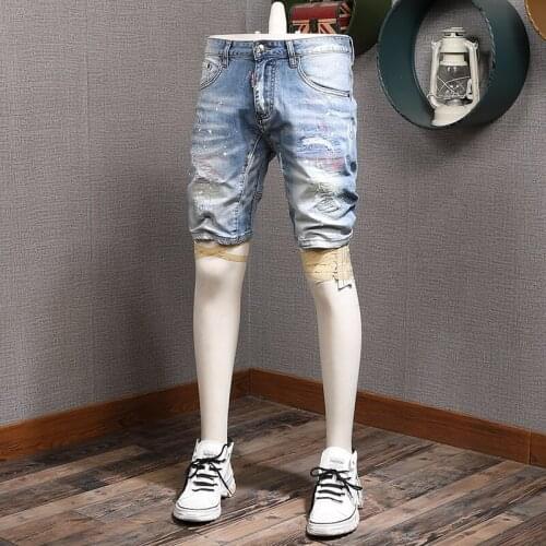 Summer Mens Light Blue Ripped Denim Shorts Men Fashion Streetwear Straight Slim Fit Knee Length Jeans Shorts