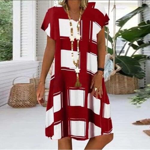 Summer Lattice Print Casual Dress Womens V-neck Short Sleeve Vintage Dresses Ladies Beach Boho Loose Midi Dress Plus Size 5XL
