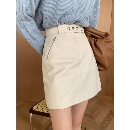 Spring 2021 new black and white two-color A-line new sheepskin leather mini skirt slanted pockets Genuine Leather Sashes shein