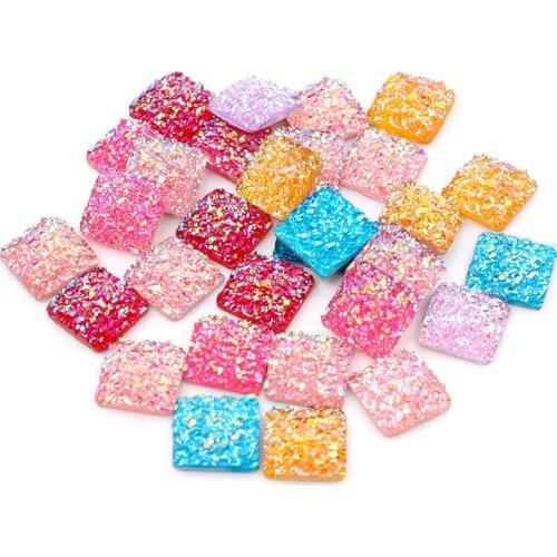New Style 40pcs 12mm Square Mix Colors Druzy Natural Stone Convex Flat back Resin Cabochons Jewelry Accessories Supplies