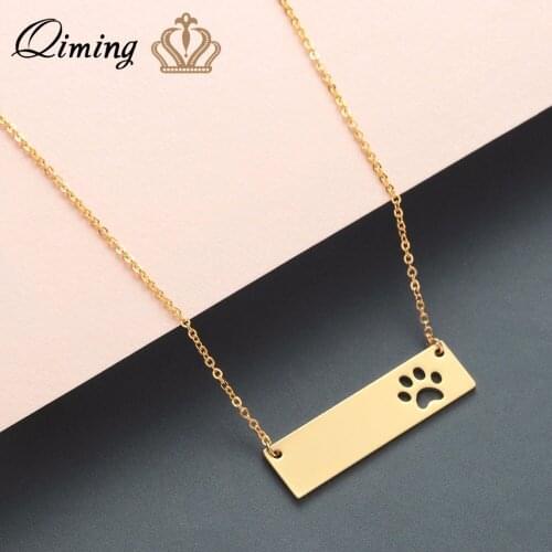QIMING Animal Cat Dog Paw Necklace Geometric Bar Pendant Stainless Steel Jewelry Pet Lover Gift Women Cute Necklaces