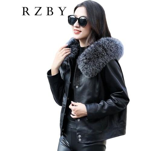 Women sheepskin jackets genuine leather пальто женское black real leather coat female fox wool collar slim warm motorcycle top