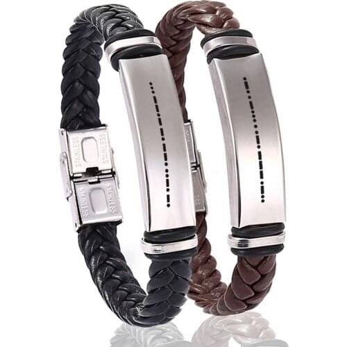Personalized Custom Morse Code Couple Bracelets Valentines Day Anniversary Gift Jewelry Men Stainless Steel Leather Rope Bangle