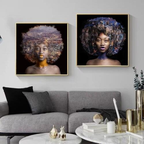 Abstract girl explosion head posters and prints, city silhouette, canvas paintings, wall art pictures for living room decor