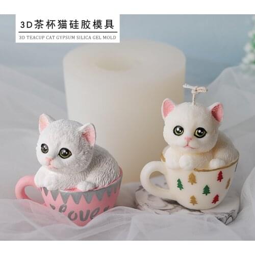 PRZY Cute Cat Cartoon Molds Fondant Molds Teacup Cat Mold Soap Mould Silicone Handmade Soap Clay Resin Candle Mould
