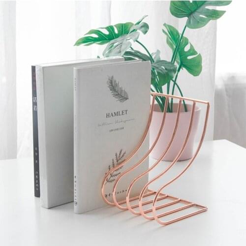 Rose Gold S shaped Bookshelf Nordic Office Desktop Gold Metal Book Block Magazine Storage Rack Iron Decor Organizer Shelf