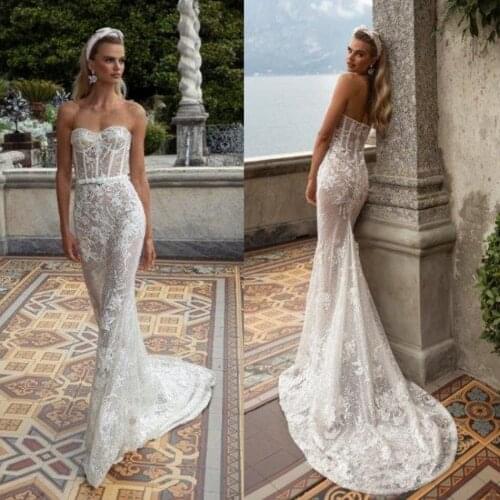 Mermaid Wedding Dresses Strapless Lace Appliques Bridal Gowns 2020 Sexy Backless Sweep Train Wedding Dress vestido de novia