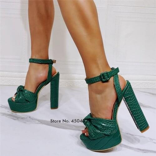 Green Snakeskin Platform High Heel Sandals Peep Toe Chunky Heels Sexy Wedding Party Shoes Women