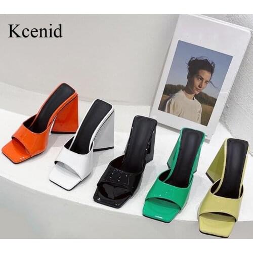 Kcenid Super High Heels Ladies Slippers New Open Square Toe Sexy Party Nightclub Summer Slides Patent Leather Orange Green Shoes