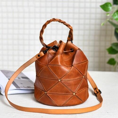 Spring Vintage Genuine Leather Ladies Stitching Geometric Bucket Handbag Retro Real Cowhide Women Small Shoulder Messenger Bags