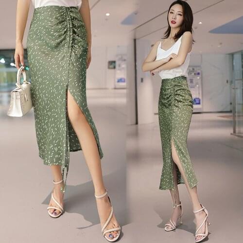 Summer stretch satin Imitate-silk skirts elegant drawstring midi pencil skirt female office ladies sexy side slit long skirts