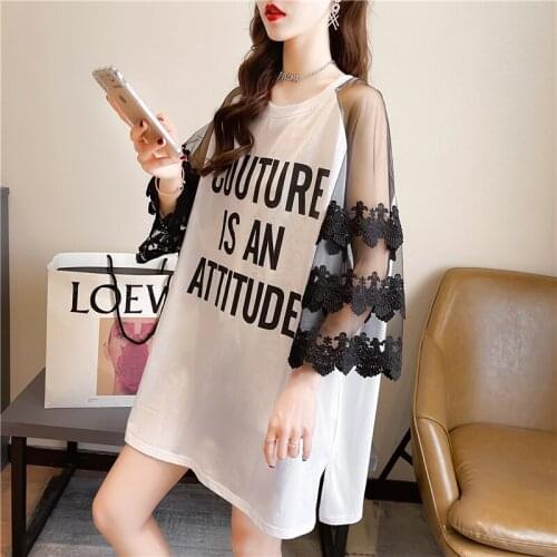 Women Casual Letter Loose Korean style wild round neck print 2021 Women Mesh Patchwork Female Oversized T Shirt