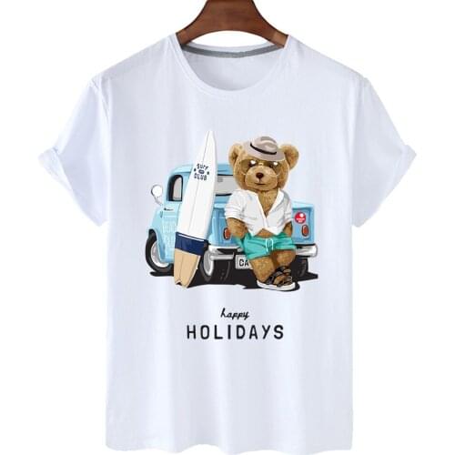 High Quality Holiday Bear Print Short Sleeve O-neck Loose 100% Cotton T-shirt For Ladies Plus Size T-shirt For Men And Women 3XL