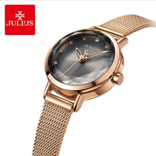 Julius Lady Luxury Crystal Stainless Steel Mesh Belt Watch Simple Round Quartz Bracelet Dress Wrist Watches Woman Reloj Mujer