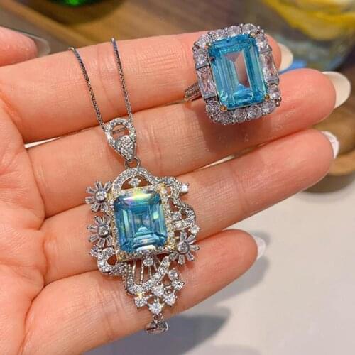 2021 Vintage Aquamarine Gemstone Ring Pendant Necklace For Women Real 100% 925 Sterling Silver Jewelry Sets Anniversary Gift