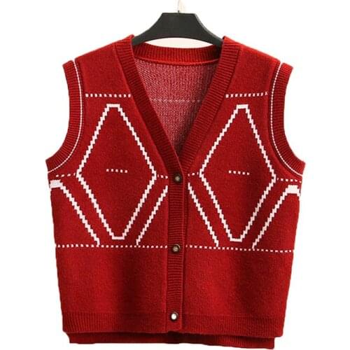 Women Waistcoat Sweater Vest Fashion Diamond jacquard Knitted Sweaters V Neck Spring Autumn Outerwear Tops Loose Woman Clothes