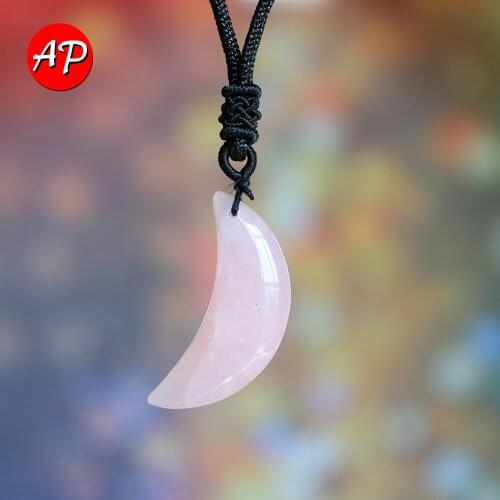 1pc Natural Crystal Pink Gem Stone Pendant Rose Quartz Moon Shape Necklace Energy Accessories Aura Mineral