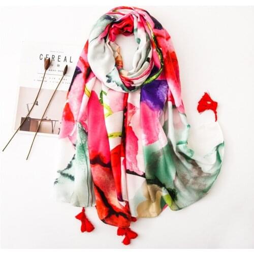 2020 Autumn Winter Spain Fashion Oil Painting Floral Tassel Viscose Shawl Scarf Women Print Warm Hijabs and Wraps Muslim Sjaal