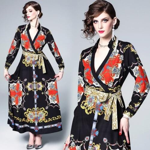 2020 Autumn Fashion Women Sexy Print V-Neck Long Sleeve Belted Dress Elegant Ladies Swing Party Maxi Dresses vestidos Plus Size