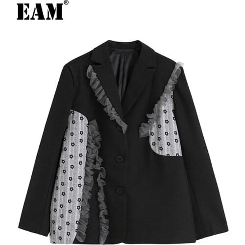 [EAM] Women Big Size Ruffles Pattern Blazer New Notched Collar Long Sleeve Loose Fit Jacket Fashion Spring Autumn 2021 1DD3911