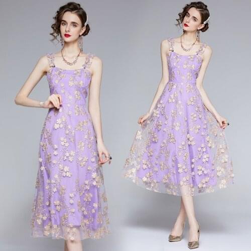Festa Women Sexy Spaghetti Strap Backless Purple Party Robe A-Line Long Vestido Summer Elegant Flower Embroidery Mesh Dress 8193