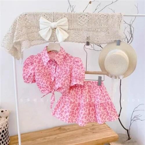 Summer Puff Sleeve Girls Clothes Sets Fashion 2pcs Sets Suits Leopad Suit Baby Kids Children Clothing Set Including Shirt+ Skirt