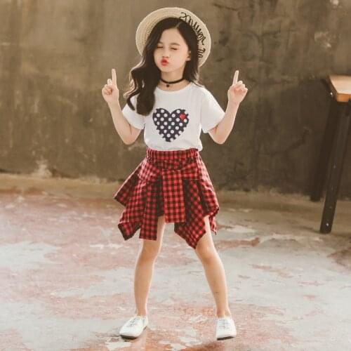 2021 summer teenager Girls Clothes heart T shirt + red Plaid Dress skirt shorts polka Dot Outfit 4 5 6 7 8 9 10 11 12 13 14 year