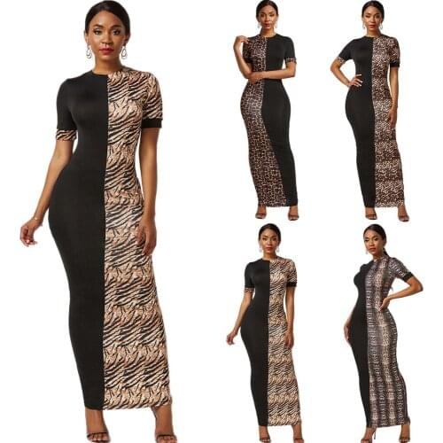 Fashion Women Leopard Print Bodycon Long Dress O-neck Short Sleeve Summer Vestido Club Party Pencil Dress Sexy Ankle Length New