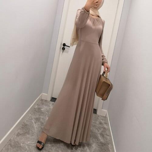 Solid Color Ramadan Muslim Chiffon Dress Abayas Dubai Casual Kaftan Robe Islamic Costumes with Long Sleeve for Womens