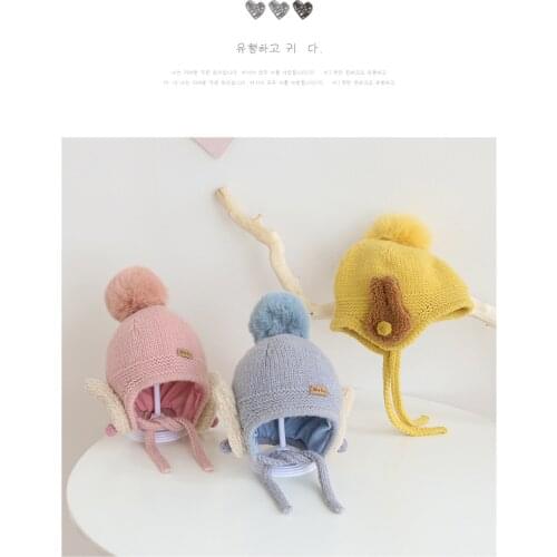 Autumn And Winter Cute rabbit Childrens Ear Caps For Male And Female Babies Cartoon Double Ball Wool Hat For 3-14Y