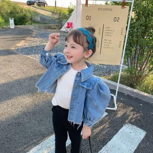 Girls' autumn new denim jacket, middle and small childrens puff sleeve short top, childrens long-sleeved jacket cardigan