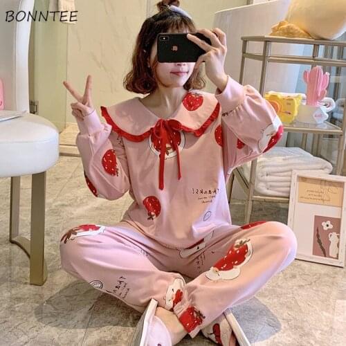 Women Pajama Sets Spring Long Sleeve Plaid Cartoon Printed Sleepwear Cute Simple Korean Style Chic Casual Ulzzang Loose Retro