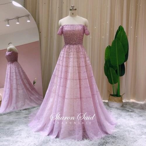 Luxury Beaded Dubai Lilac Evening Dresses Long 2021 Elegant Off Shoulder Lace Arabic Formal Dress for Women Wedding Party Gowns