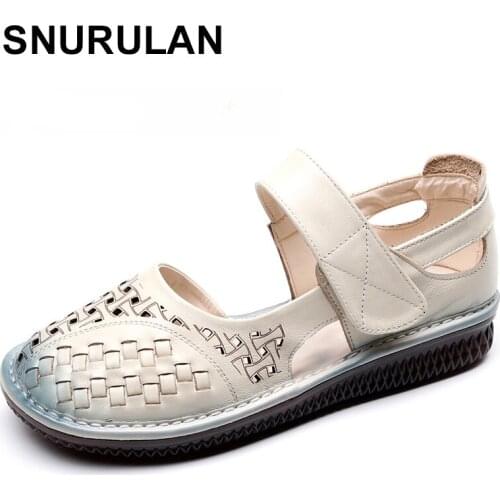 SNURULAN new round head hollow genuine leather sandals woman shoes flat non-slipcomfortable mother sandals fashion casual sandal