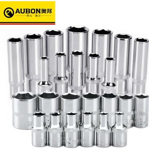 AUBON 1/4" Standard / Deep Long Socket Wrench Head Sleeve Auto Repair Tool Casing Removal Tool Cart 4-14mm Metric Ratchet Wrench