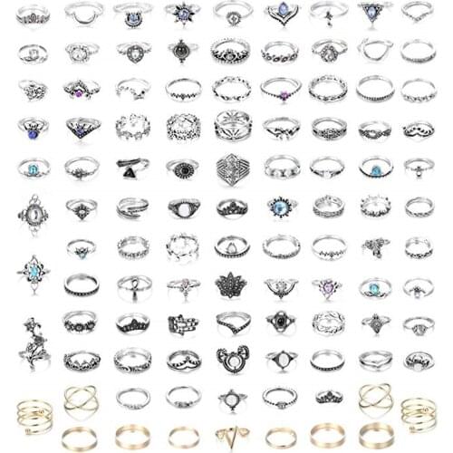 Tocona Vintage Silver Color Rings for Women Moon Star Clear Crystal Stone Geometric Carve Flower Leaf Wedding Rings Jewelry