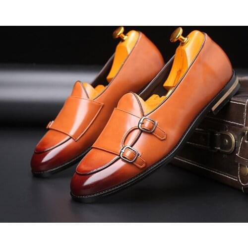 Double Monk Strap Shoes Italian Brand Loafers Men Formal Shoes Leather Big Size Leather Shoes Men Elegant Sepatu Slip On Pria