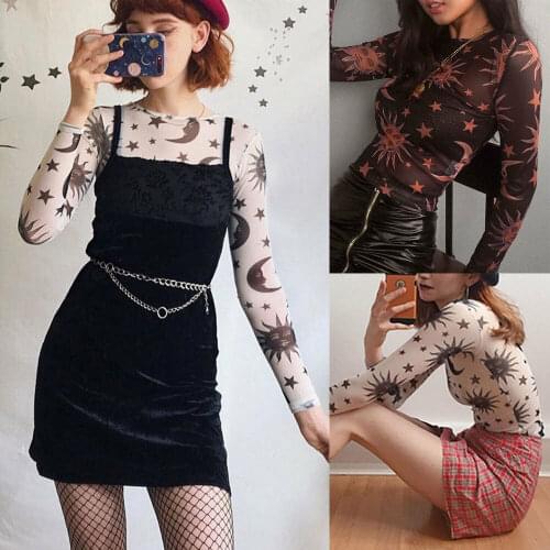 2019 New Hot Women Summer Sheer Mesh Top Ladies Girls Long Sleeve O Neck T Shirt Fashion See Through Stylish Cool Daily Tees