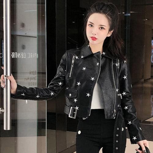 PU Faux Leather Jacket Star Embroidery Women 2021 New Spring Autumn Fashion Motorcycle Jackets Short Black Outerwear Coats Y598