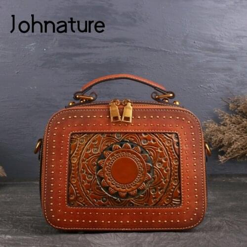 Johnature Retro Handmade Totem Embossed Women Luxury Handbag 2020 New Cow Leather Bag leisure Ladies Shoulder & Crossbody Bags