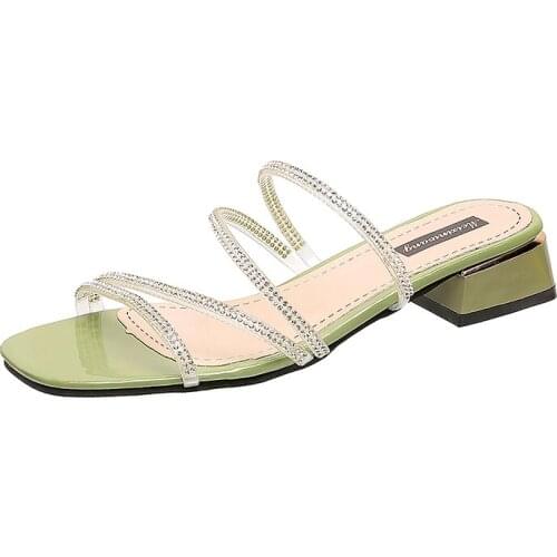 Clear Transparent Crystal Casual Shoes New Summer Women Shoes Woman Mules Thick Mid Heels Sexy Ladies Shoes Slides Plus Size