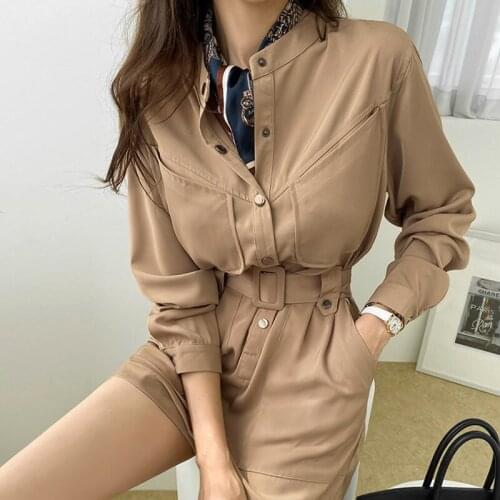 Korean Causal Jumpsuit Women Loose Khaki Wide Leg Shorts Playsuit Office Lady with Belt Single Breasted O-Neck Streetwear B927