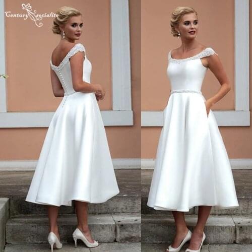 Simple Satin Wedding Dresses Short Crystal Sequins Beaded Cap Sleeve Pockets Tea-Length Beach Bridal Gowns Vestido De Noiva