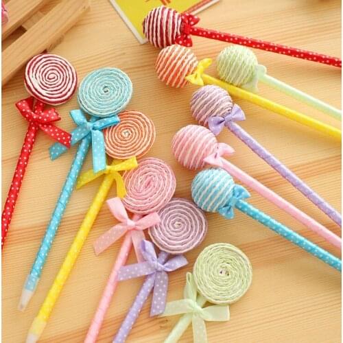 48pcs/lot plush ball lolly candy cute cartoon creative ballpoint pen students prize promotion gift office school stationery