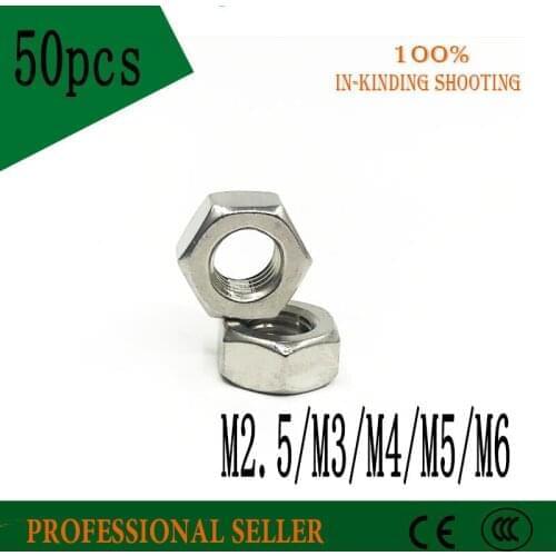 50pcs/lot M2.5/M3/M4/M5/M6 304 Stainless steel Hex Nut Hexagon Nuts