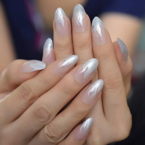 Silver Almond Fingernails Fire Translucent Sharp Good-looking Medium Unique Acrylic Nails Adhesive Nail