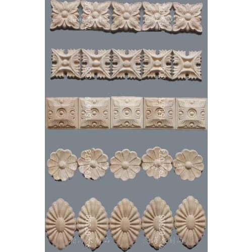 10PCS Flower Wood Carving Natural Wood Appliques for Furniture Cabinet Unpainted Wooden Mouldings Decal Decorative Figurines