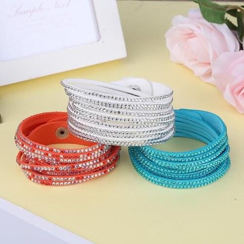 1pc Rhinestone Leather Bracelet Female Charm Crystal Wrap Cuff Bangle Multilayer Bracelets For Women Fashion Jewelry Party Gifts