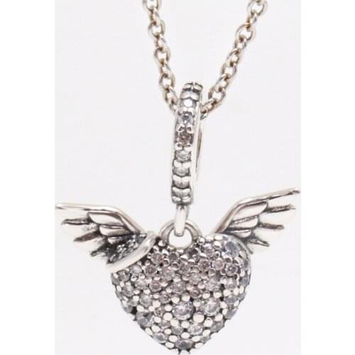 925 Silver Diamond Angel Wing Love Necklace Pendant Fit Original Bracelet Necklace